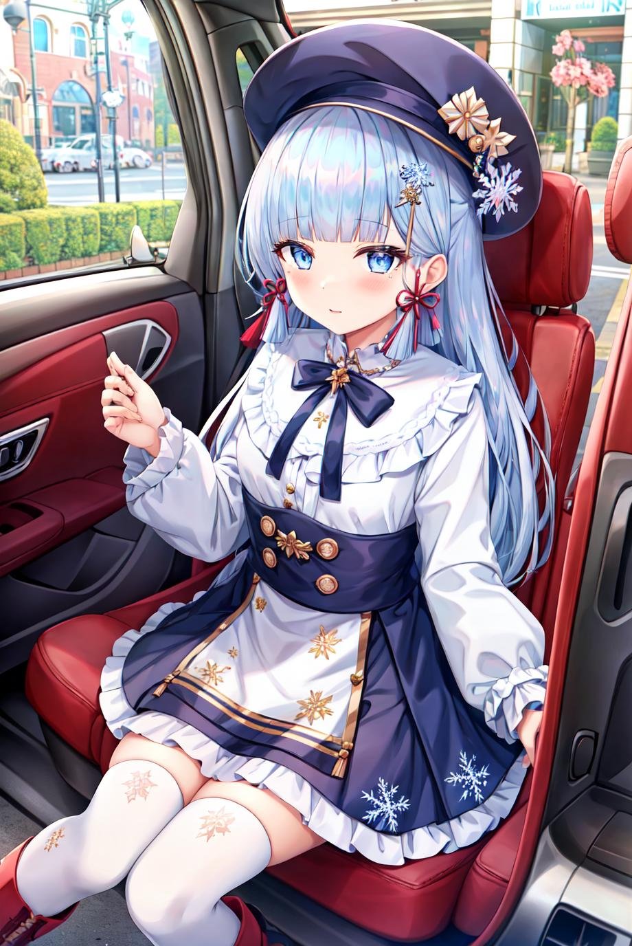 torino aqua, 1girl, bangs, blue eyes, blue hair, blunt bangs, blunt tresses, blush, boots, bow, car, dress, floral print, flower, frills, genshin impact, ground vehicle, hair ornament, hair ribbon, hat, highres, holding, kamisato ayaka, long hair, long sleeves, mole, mole under eye, motor vehicle, neck tassel, ribbon, sidelocks, sitting, snowflake print, solo, thighhighs, tress ribbon, <lora:torino_aqua-000035:0.6>