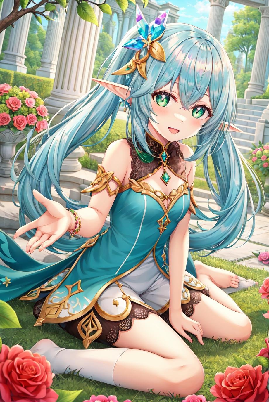 torino aqua, 1girl, :d, bangs, bare shoulders, bracer, branch, building, colored tips, commentary request, cross-shaped pupils, crossed bangs, crystal, crystalfly \(genshin impact\), detached sleeves, dot nose, dress, elf, feet, flower, flower request, gem, genshin impact, gradient hair, green eyes, green gemstone, green hair, hair ornament, highres, lace trim, leaf hair ornament, light blush, looking at viewer, multicolored hair, nahida \(genshin impact\), nature, no shoes, on floor, open mouth, outstretched hand, parted lips, pillar, pointy ears, red flower, rose, short dress, short sleeves, shorts, side ponytail, sidelocks, sitting, sleeveless, sleeveless dress, smile, socks, solo, stairs, stirrup legwear, symbol-shaped pupils, thighs, toeless legwear, toes, torino aqua, tree, two-tone dress, two-tone hair, water, waterfall, white dress, white flower, white hair, white shorts, white socks, yokozuwari,  <lora:torino_aqua:0.6>