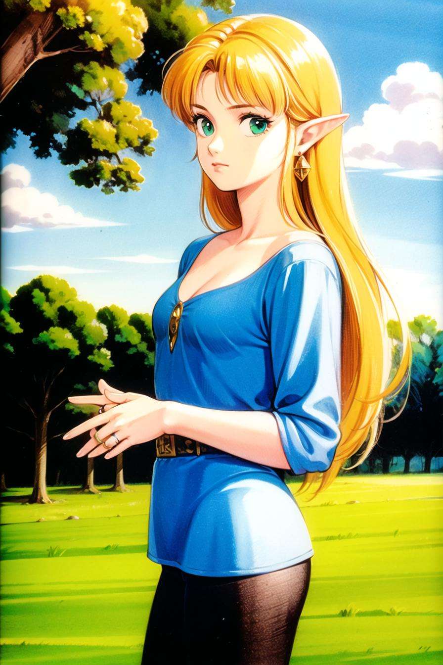 takada akemi, princess zelda,1girl, bangs, blonde hair, breasts, bridal gauntlets, closed mouth, expressionless, from side, green eyes, highres, jewelry, long hair, long sleeves, nintendo, outdoors, pointy ears, ring, small breasts, solo, standing, the legend of zelda, tree, triforce print, upper body, blue shirt and black pants1980s \(style\), painting \(medium\), retro artstyle, watercolor \(medium\),<lora:takada_akemi:0.6> <lora:princess_zelda:0.5>