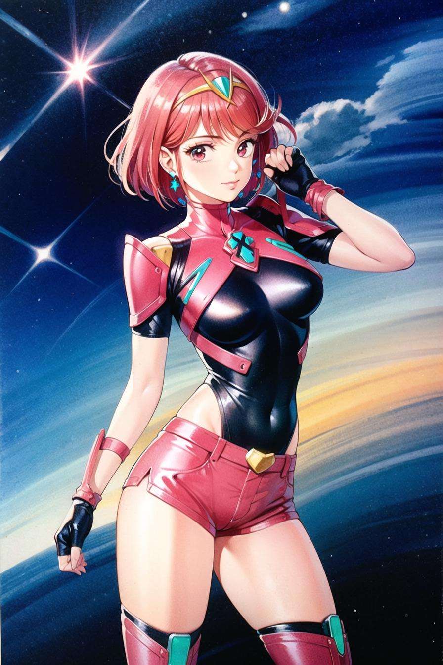 takada akemi,pyra \(xenoblade\), 1girl, armor, bangs, black gloves, breasts, red eyes, closed mouth, earrings, eyelashes, fingerless gloves, floating hair, framed breasts, gem, gloves, hair ornament, headpiece, jewelry, large breasts, leaning back, leotard, neon trim, official art, pose, red hair, red shorts, saitou masatsugu, short hair, short shorts, short sleeves, shorts, sidelocks, skin tight, solo, standing, swept bangs, thighhighs, tiara, space background, turtleneck, underbust, vambraces, xenoblade chronicles \(series\), (xenoblade chronicles 2),1980s \(style\), painting \(medium\), retro artstyle, watercolor \(medium\),<lora:takada_akemi:0.5>  <lora:mythra_pyra_pneuma:0.5>