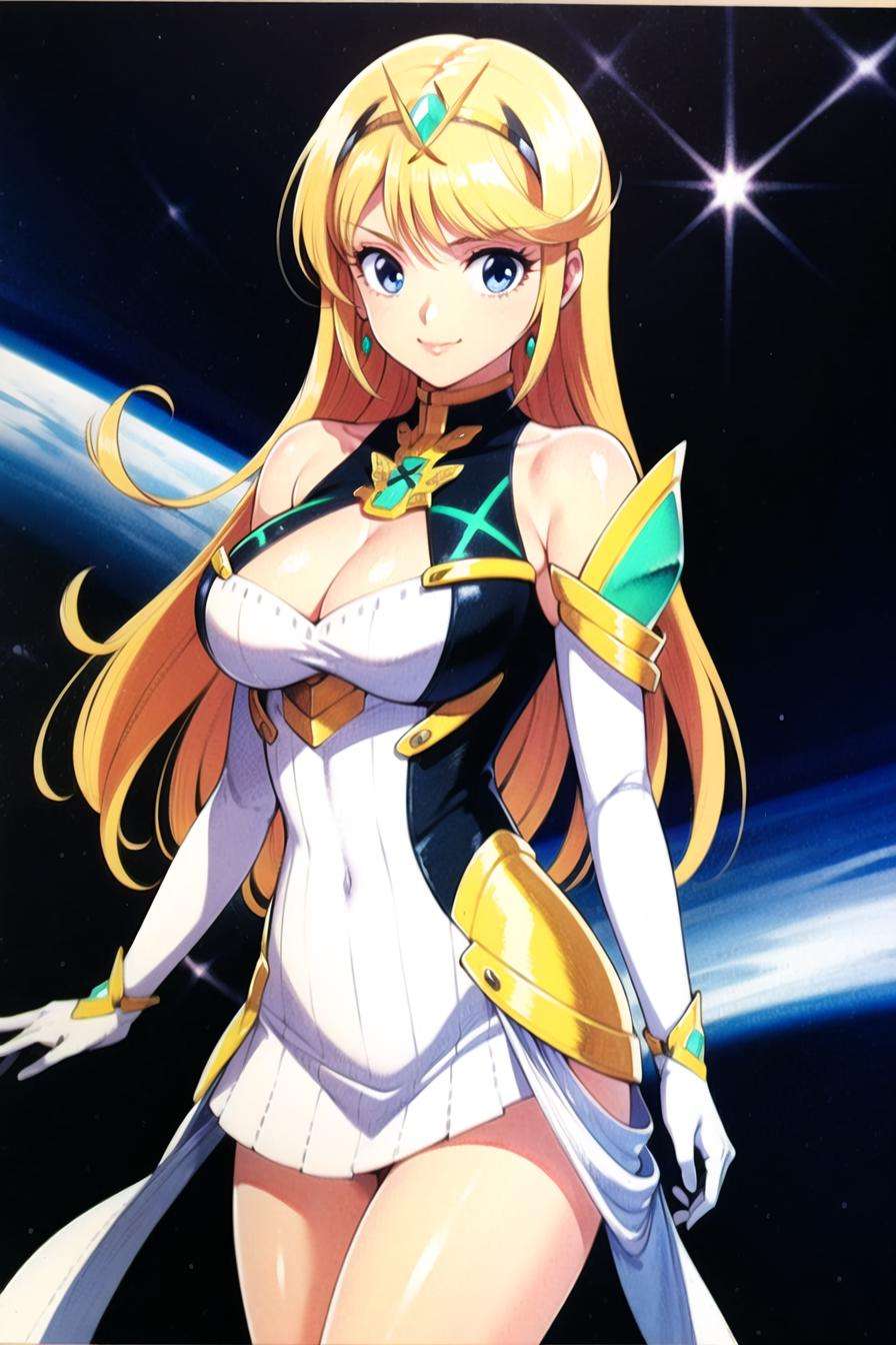 takada akemi,mythra \(xenoblade\), 1girl, armor, bangs, bare shoulders, blonde hair, breasts, cleavage, closed mouth, dress, earrings, elbow gloves, eyelashes, floating hair, gem, gloves, hair ornament, hairband, headpiece, jewelry, large breasts, leaning back, long hair, neon trim, official art, pose, saitou masatsugu, sidelocks, skin tight, smile, solo, standing, swept bangs, tiara, space background, very long hair, white dress, xenoblade chronicles \(series\), (xenoblade chronicles 2),1980s \(style\), painting \(medium\), retro artstyle, watercolor \(medium\),<lora:takada_akemi:0.5>  <lora:mythra_pyra_pneuma:0.5>