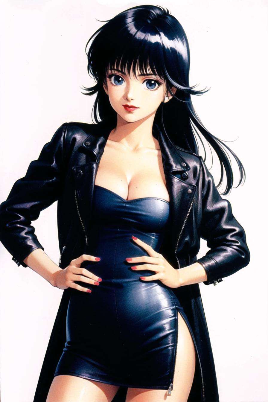 takada akemi, ayukawa madoka,1980s \(style\), 1girl, black dress, black hair, breasts, cleavage, dress, hand on hip, jacket, leather, leather jacket, lipstick, long hair, makeup, medium breasts, nail polish, open clothes, open jacket, painting \(medium\), retro artstyle, sleeves past wrists, solo, traditional media, watercolor \(medium\)<lora:takada_akemi:0.6>