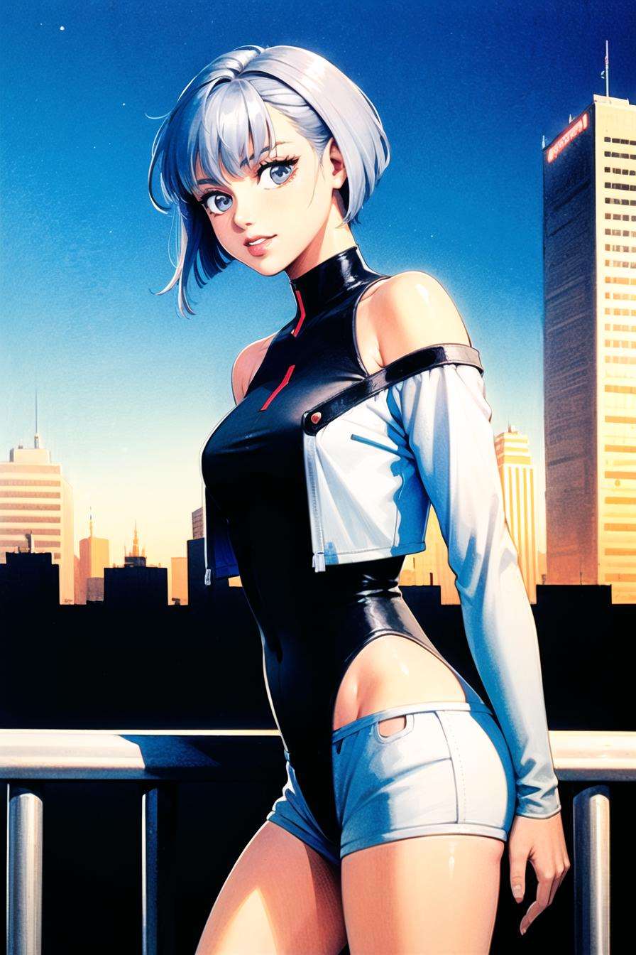 takada akemi,lucy \(cyberpunk\), 1girl, against railing, arm rest, bangs, bare shoulders, belt, black belt, black leotard, black pants, blurry, bob cut, breasts, building, cityscape, clothing cutout, cropped jacket, cyberpunk, depth of field, from side, gradient eyes, grey eyes, grey hair, holding, jacket, leotard, lips, long sleeves, looking afar, looking ahead, mechanical parts, medium breasts, multicolored eyes, multicolored hair, night, night sky, off shoulder, open clothes, open jacket, outdoors, pants, parted lips, railing, red eyeliner, science fiction, short hair with long locks, short shorts, shorts, sidelocks, sky, smoke, smoking, solo, standing, teeth, thigh cutout, upper teeth only, white jacket, white shorts, cyberpunk \(series\), cyberpunk edgerunners,1980s \(style\), painting \(medium\), retro artstyle, watercolor \(medium\),<lora:takada_akemi:0.5>  <lora:lucy-000035:0.5>