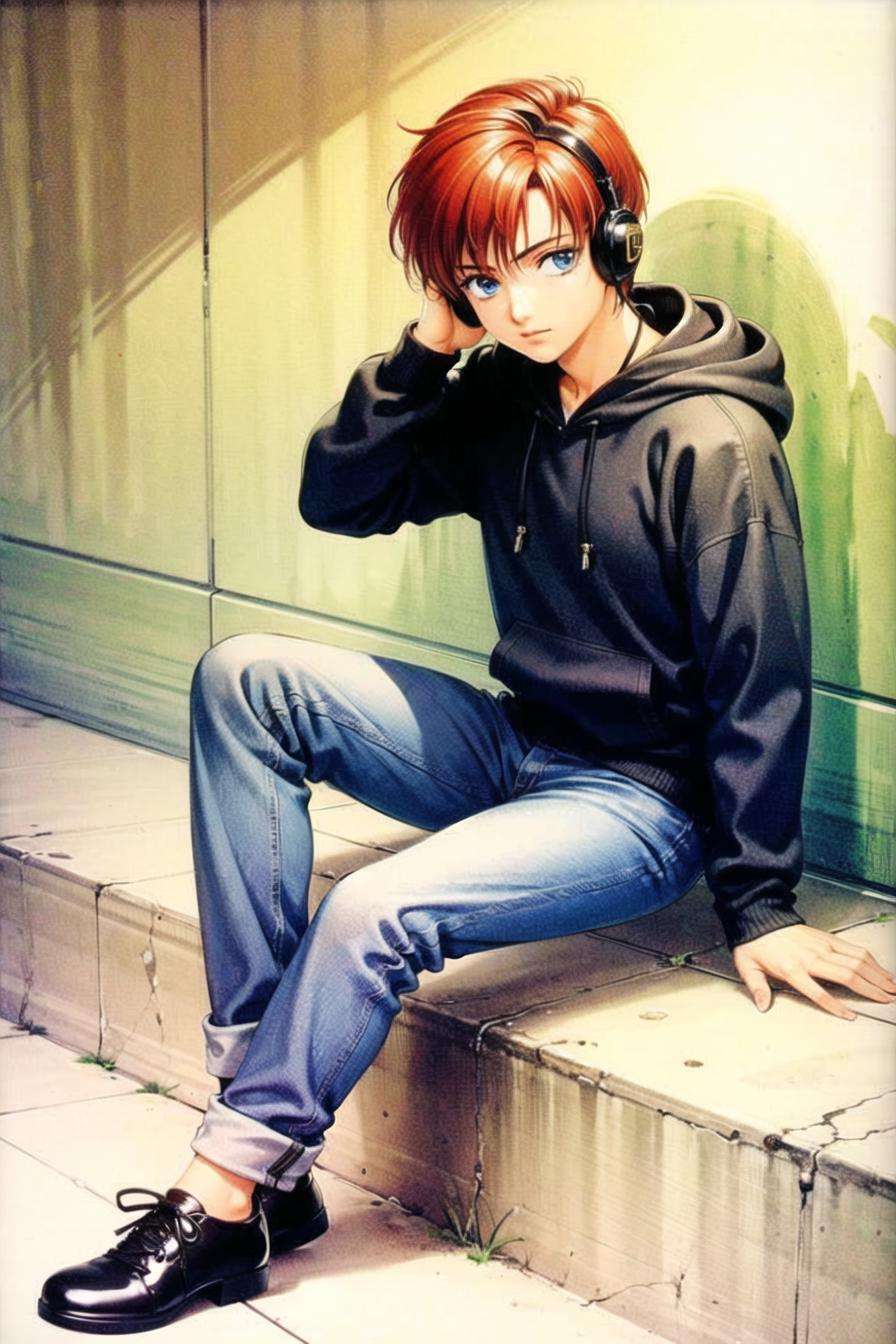 takada akemi,((1boy)),  bangs, black footwear, blue eyes, casual, dated, denim, headphones, hood, hood down, hoodie, jeans, long sleeves, looking at viewer, pants, red hair, short hair, sitting, solo,1980s \(style\), painting \(medium\), retro artstyle, watercolor \(medium\),<lora:takada_akemi:0.4>