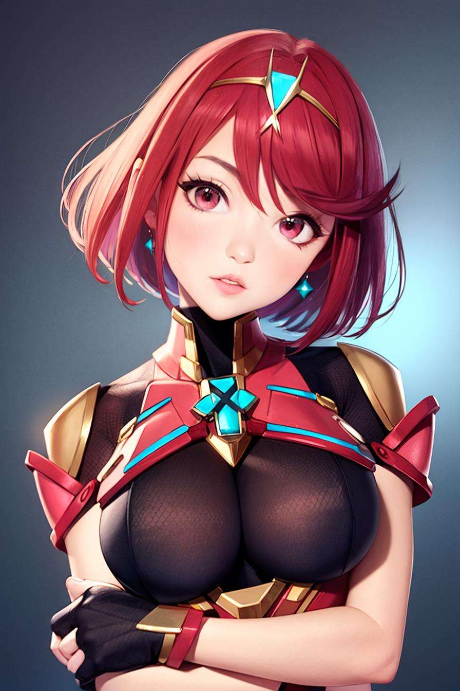 pyra \(xenoblade\), 1girl, armor, bangs, black gloves, blush, bob cut, breasts, chest jewel, drop earrings, earrings, fingerless gloves, gloves, head tilt, impossible clothes, jewelry, large breasts, looking at viewer, parted lips, red eyes, red hair, short hair, skindentation, solo, swept bangs, tiara, upper body, ((masterpiece)) <lora:mythra_pyra_pneuma:0.65>