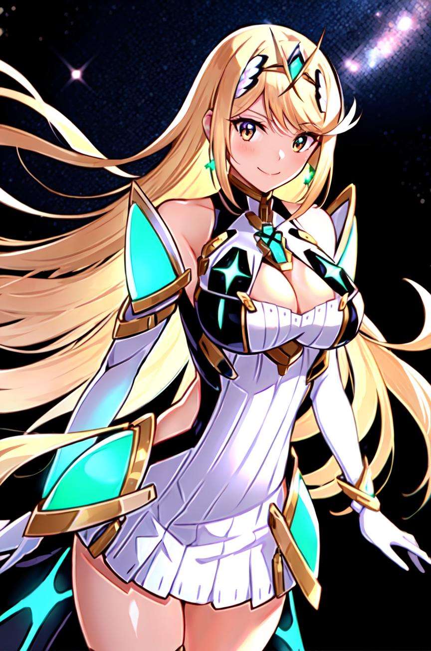 mythra \(xenoblade\), 1girl, armor, bangs, bare shoulders, blonde hair, breasts, cleavage, closed mouth, dress, earrings, elbow gloves, eyelashes, floating hair, gem, gloves, hair ornament, hairband, headpiece, jewelry, large breasts, leaning back, long hair, neon trim, official art, pose, saitou masatsugu, sidelocks, skin tight, smile, solo, standing, swept bangs, tiara, space background, very long hair, white dress, xenoblade chronicles \(series\), (xenoblade chronicles 2),<lora:mythra_pyra_pneuma:0.5>