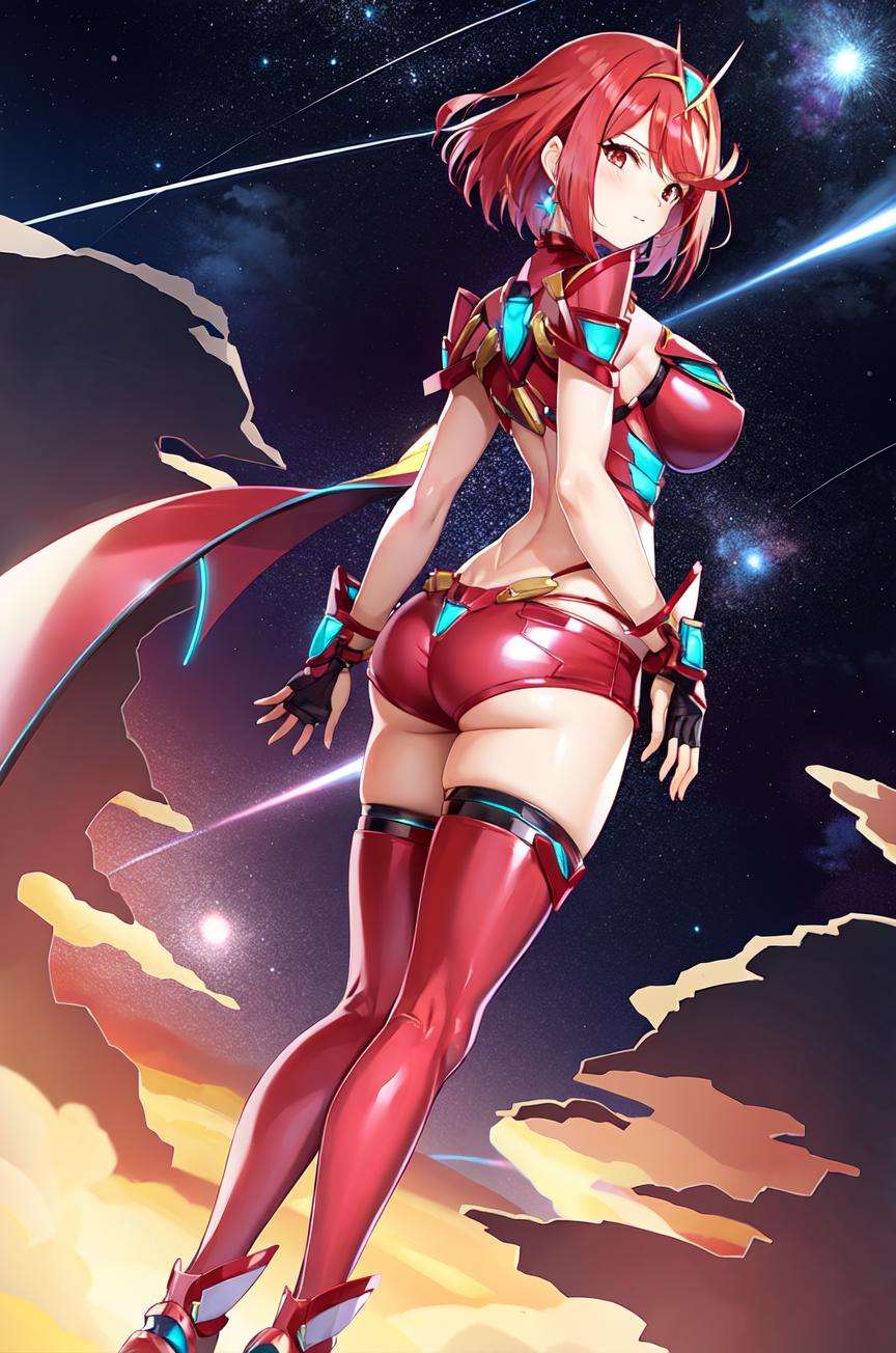 pyra \(xenoblade\), 1girl, full body, legs visible, armor, bangs, black gloves, breasts, red eyes, closed mouth, earrings, eyelashes, fingerless gloves, floating hair, framed breasts, gem, gloves, hair ornament, headpiece, jewelry, large breasts, leaning back, leotard, neon trim, official art, pose, red hair, red shorts, saitou masatsugu, short hair, short shorts, short sleeves, shorts, sidelocks, skin tight, solo, standing, swept bangs, thighhighs, tiara, space background, turtleneck, underbust, vambraces, xenoblade chronicles \(series\), (xenoblade chronicles 2),<lora:mythra_pyra_pneuma-000042:0.5>