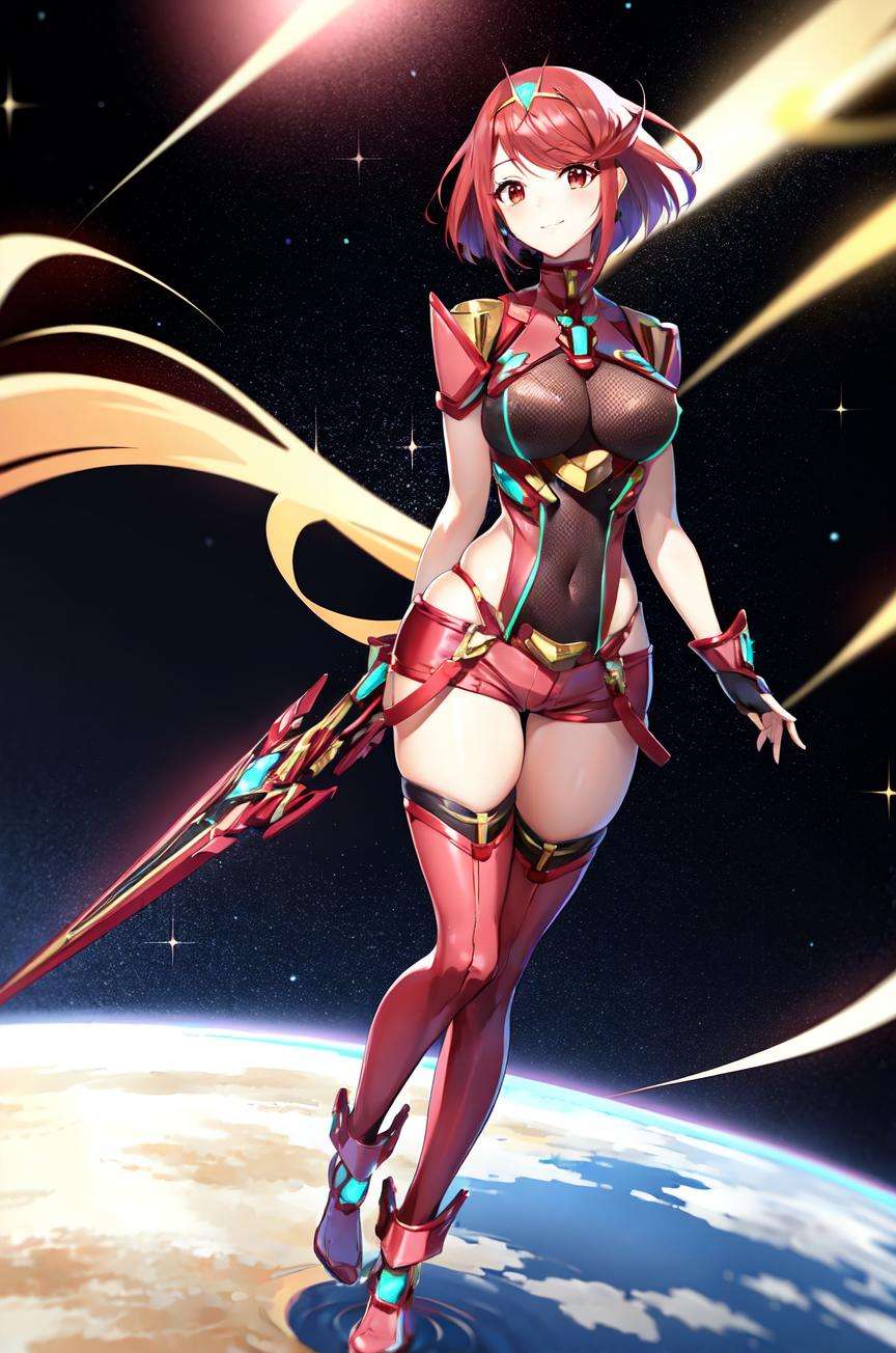 pyra \(xenoblade\), 1girl, full body, legs visible, armor, bangs, black gloves, breasts, red eyes, closed mouth, earrings, eyelashes, fingerless gloves, floating hair, framed breasts, gem, gloves, hair ornament, headpiece, jewelry, large breasts, leaning back, leotard, neon trim, official art, pose, red hair, red shorts, saitou masatsugu, short hair, short shorts, short sleeves, shorts, sidelocks, skin tight, solo, standing, swept bangs, thighhighs, tiara, space background, turtleneck, underbust, vambraces, xenoblade chronicles \(series\), (xenoblade chronicles 2),<lora:mythra_pyra_pneuma-000042:0.5>