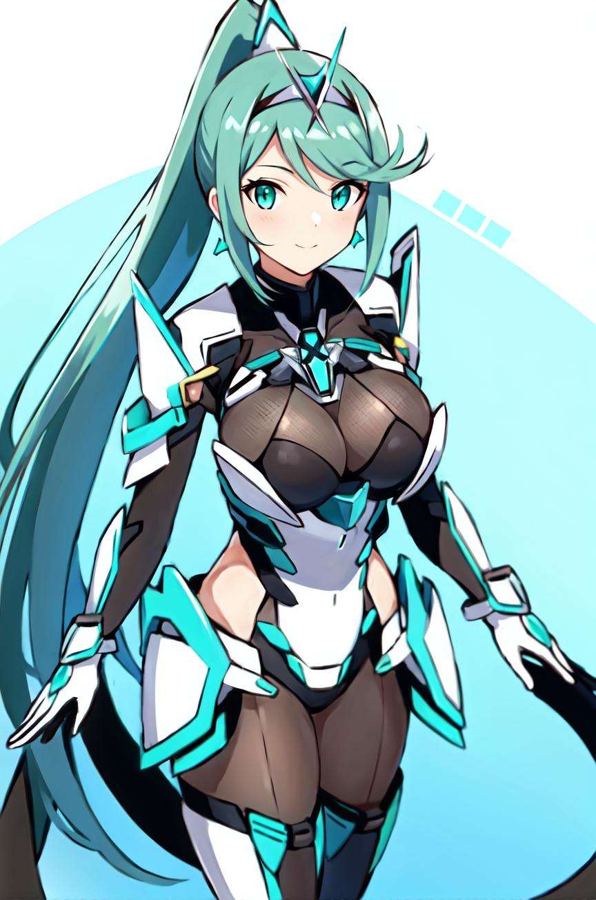 pneuma \(xenoblade\), 1girl, absurdres, bangs, breasts, chest jewel, earrings, gem, gloves, greek text, green eyes, green hair, headpiece, highres, inuisbink, jewelry, large breasts, long hair, ponytail, solo, swept bangs, tiara, very long hair, xenoblade chronicles \(series\), (xenoblade chronicles 2),<lora:mythra_pyra_pneuma-000042:0.5>