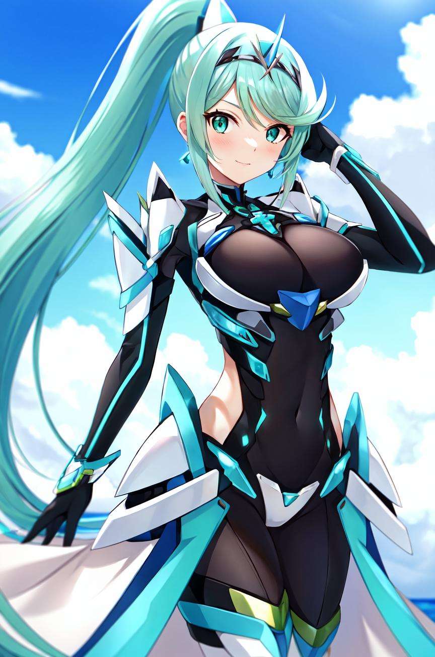 pneuma \(xenoblade\), 1girl, absurdres, bangs, breasts, chest jewel, earrings, gem, gloves, greek text, green eyes, green hair, headpiece, highres, inuisbink, jewelry, large breasts, long hair, ponytail, solo, swept bangs, tiara, very long hair, xenoblade chronicles \(series\), (xenoblade chronicles 2),<lora:mythra_pyra_pneuma:0.5>