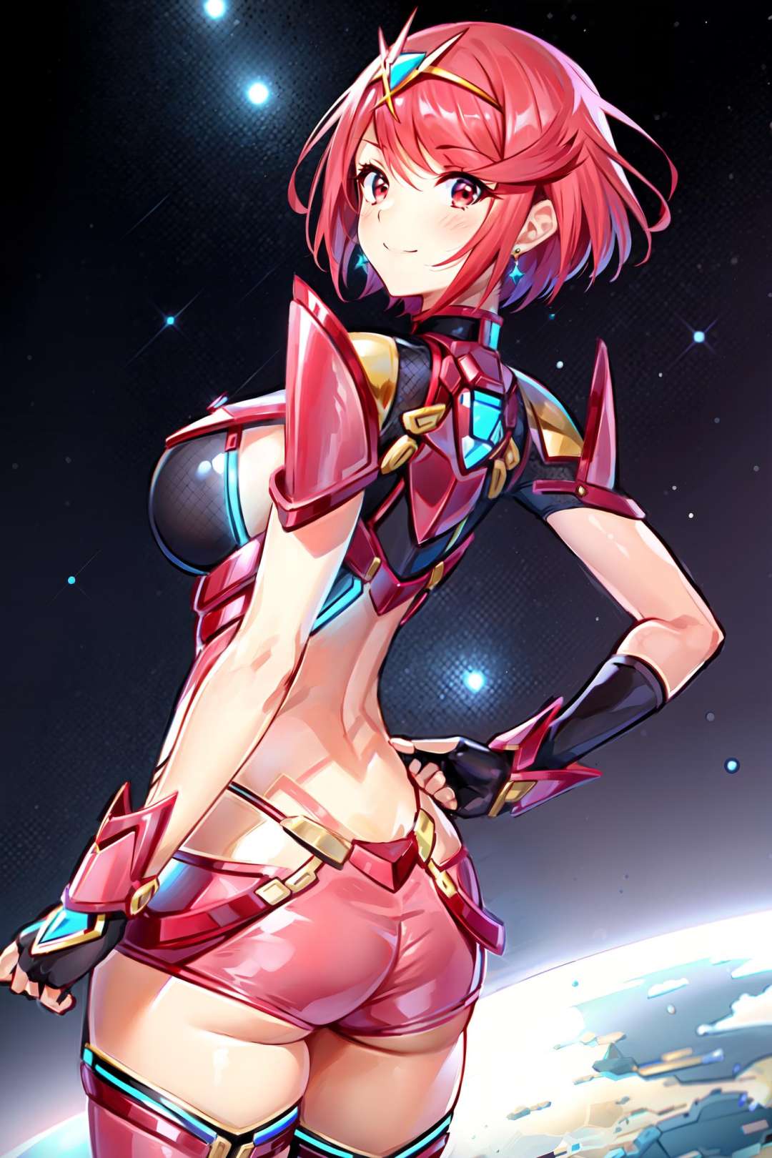 pyra \(xenoblade\), 1girl, armor, bangs, black gloves, breasts, red eyes, closed mouth, earrings, eyelashes, fingerless gloves, floating hair, framed breasts, gem, gloves, hair ornament, headpiece, jewelry, large breasts, leaning back, leotard, neon trim, official art, pose, red hair, red shorts, saitou masatsugu, short hair, short shorts, short sleeves, shorts, sidelocks, skin tight, solo, standing, swept bangs, thighhighs, tiara, space background, turtleneck, underbust, vambraces, xenoblade chronicles \(series\), (xenoblade chronicles 2),<lora:mythra_pyra_pneuma-000042:0.5>