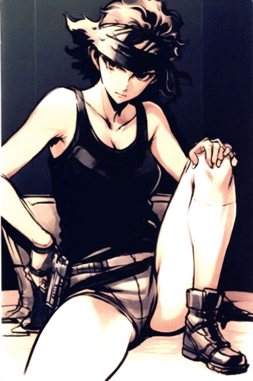 shinkawa youji, 1girl, bandana, desert eagle, flipped hair, short hair, sitting, tank top, ((masterpiece))<lora:shinkawa_youji_offset:1>