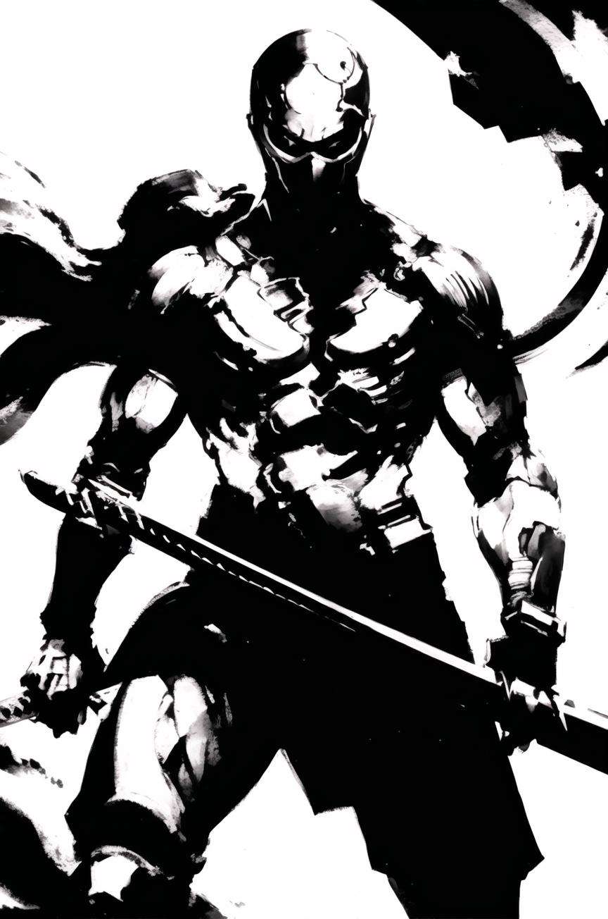 shinkawa youji, cyborg ninja, 1boy, cyborg, greyscale, male focus, monochrome, ninja, solo, sword, weapon, ((masterpiece))<lora:shinkawa_youji_offset:1>