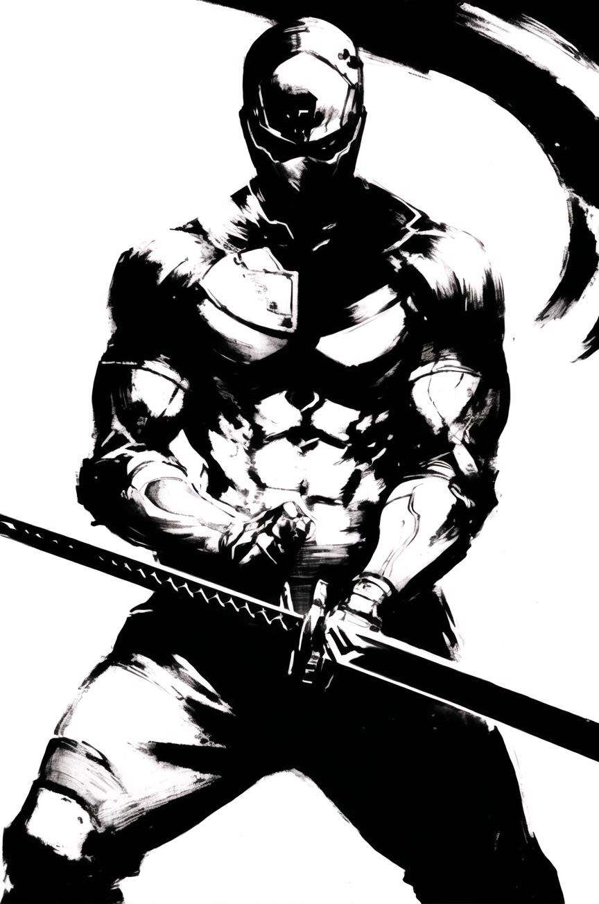 shinkawa youji, cyborg ninja, 1boy, cyborg, greyscale, male focus, monochrome, ninja, solo, sword, weapon, ((masterpiece))<lora:shinkawa_youji_offset:1>