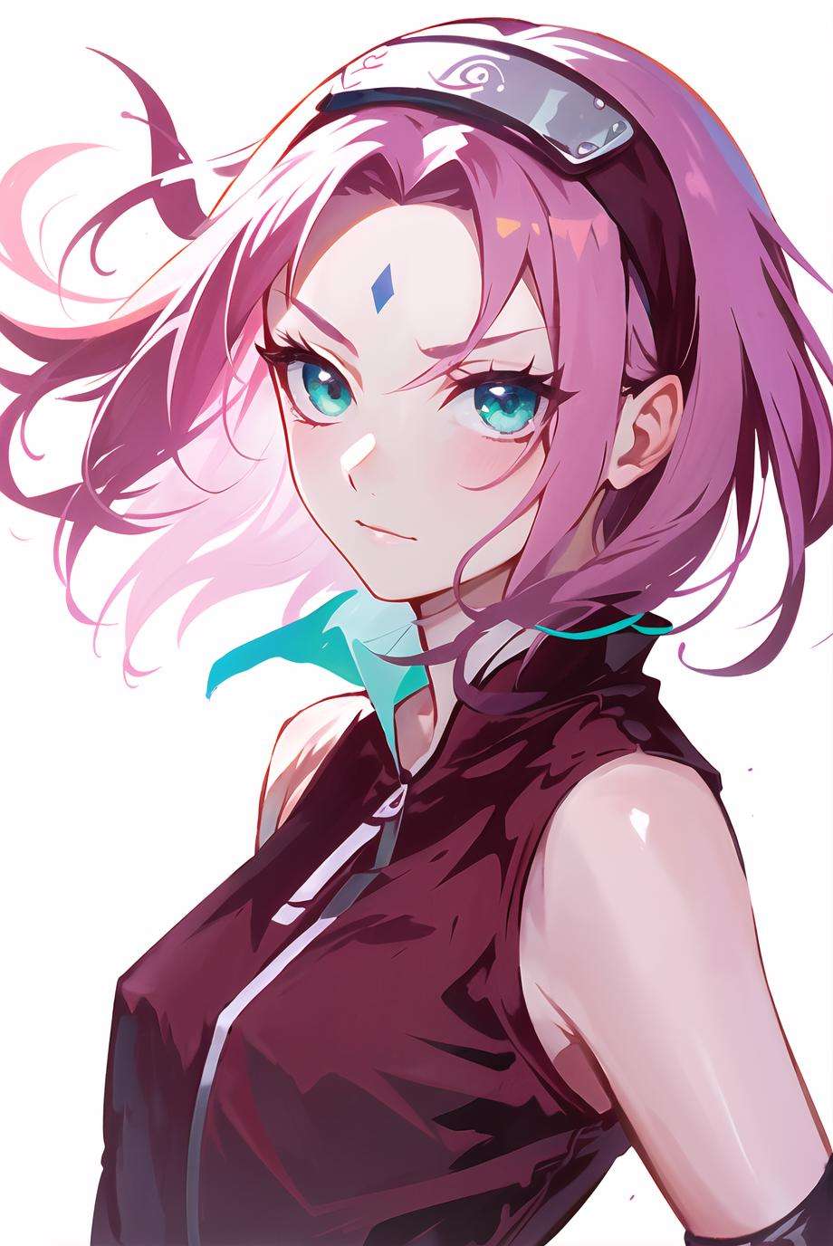 haruno sakura, naruto \(series\), naruto shippuuden,1girl, konohagakure symbol,  <lora:sakura:0.65> forehead mark, bangs, breasts, closed mouth, elbow sleeve, eyes visible through hair, floating hair, forehead protector, foreshortening, green eyes, hair intakes, hairband, looking at viewer, parted bangs, pink hair, red shirt, shirt, short hair, sleeveless, sleeveless shirt, small breasts, solo, upper body, v-shaped eyebrows, white background, wind, portrait,, ((masterpiece))