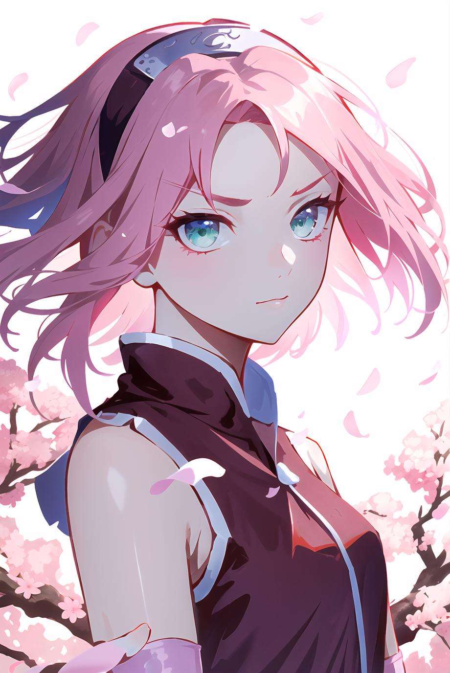 haruno sakura, naruto \(series\), naruto shippuuden, cherry blossoms, detailed background,1girl, konohagakure symbol, bangs, breasts, closed mouth, elbow sleeve, eyes visible through hair, floating hair, forehead protector, foreshortening, green eyes, hair intakes, hairband, looking at viewer, parted bangs, pink hair, red shirt, shirt, short hair, sleeveless, sleeveless shirt, small breasts, solo, upper body, v-shaped eyebrows, white background, wind, portrait,, ((masterpiece))<lora:sakura:0.65>