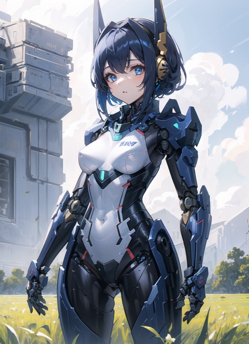 1girl,outdoors,field,standing,cowboy shot, mecha musume, mechanical arms, headgear, robot joints, fortified suit, black bodysuit, <lora:mecha_offset:1>