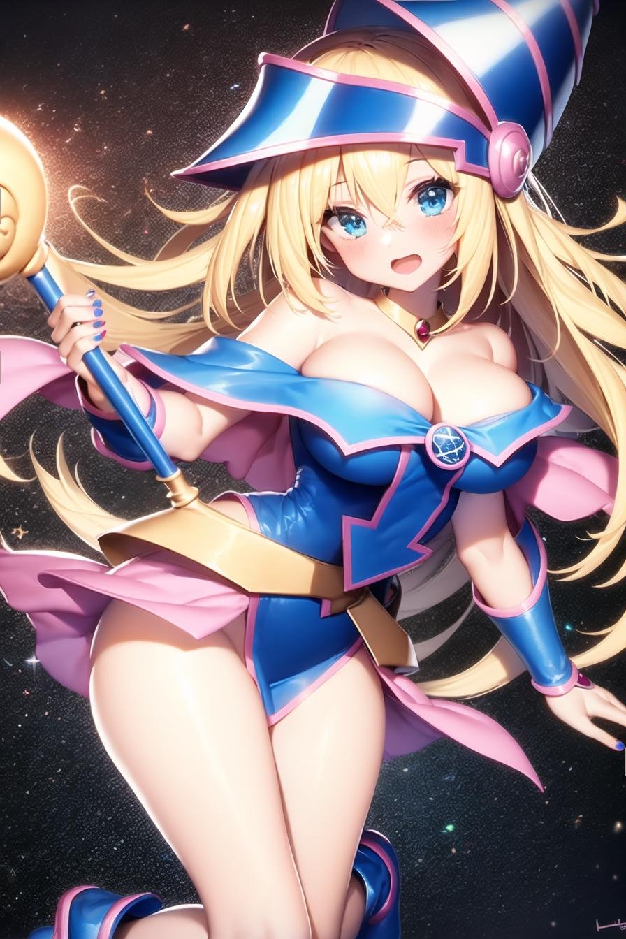 dark magician girl, masterpiece, best quality, 1girl, blonde hair, blue footwear, blue headwear, breasts, duel monster, hat, hexagram, large breasts, long hair, looking at viewer, nail polish, open mouth, pentacle, pentagram, solo, staff, wand, wizard hat,yu-gi-oh!,<lora:dark_magician_girl:0.65>