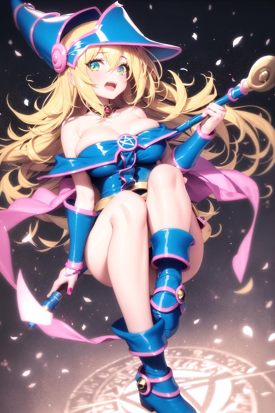 dark magician girl, masterpiece, best quality, 1girl, blonde hair, blue footwear, blue headwear, breasts, duel monster, hat, hexagram, large breasts, long hair, looking at viewer, nail polish, open mouth, pentacle, pentagram, solo, staff, wand, wizard hat, yu-gi-oh!,<lora:dark_magician_girl:0.6> <lora:dpep2768:0.25>