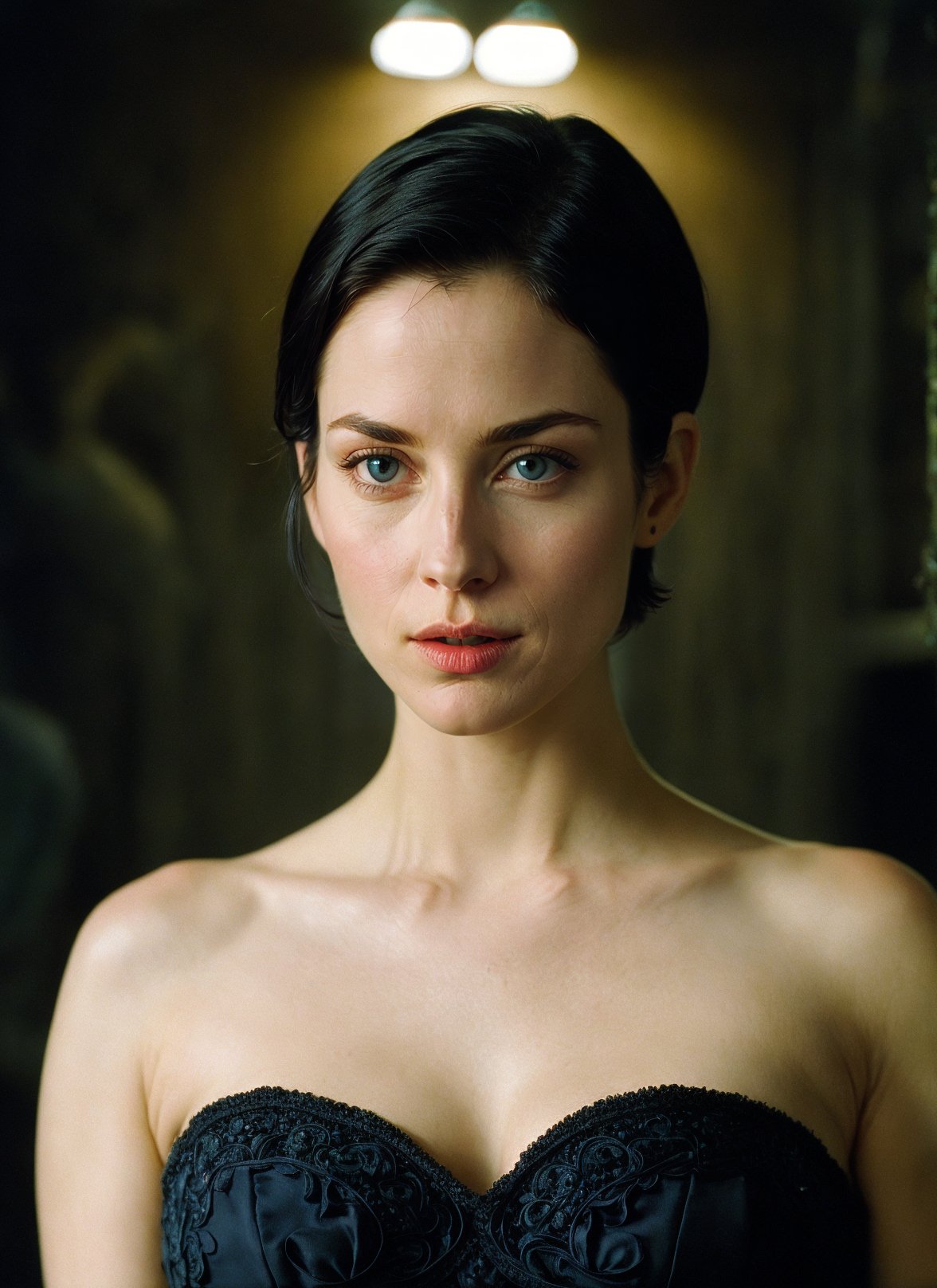 the matrix movie  <lora:the_matrix_movie_ar_offset:1>, (masterpiece), (extremely intricate:1.3), (realistic),  beautiful lighting, professional lighting, film grain,portrait of trinity,  woman, black hair, blurry, blue eyes, looking at viewer, solo, parted lips, realistic, short hair, blurry background, lips, depth of field, portrait,