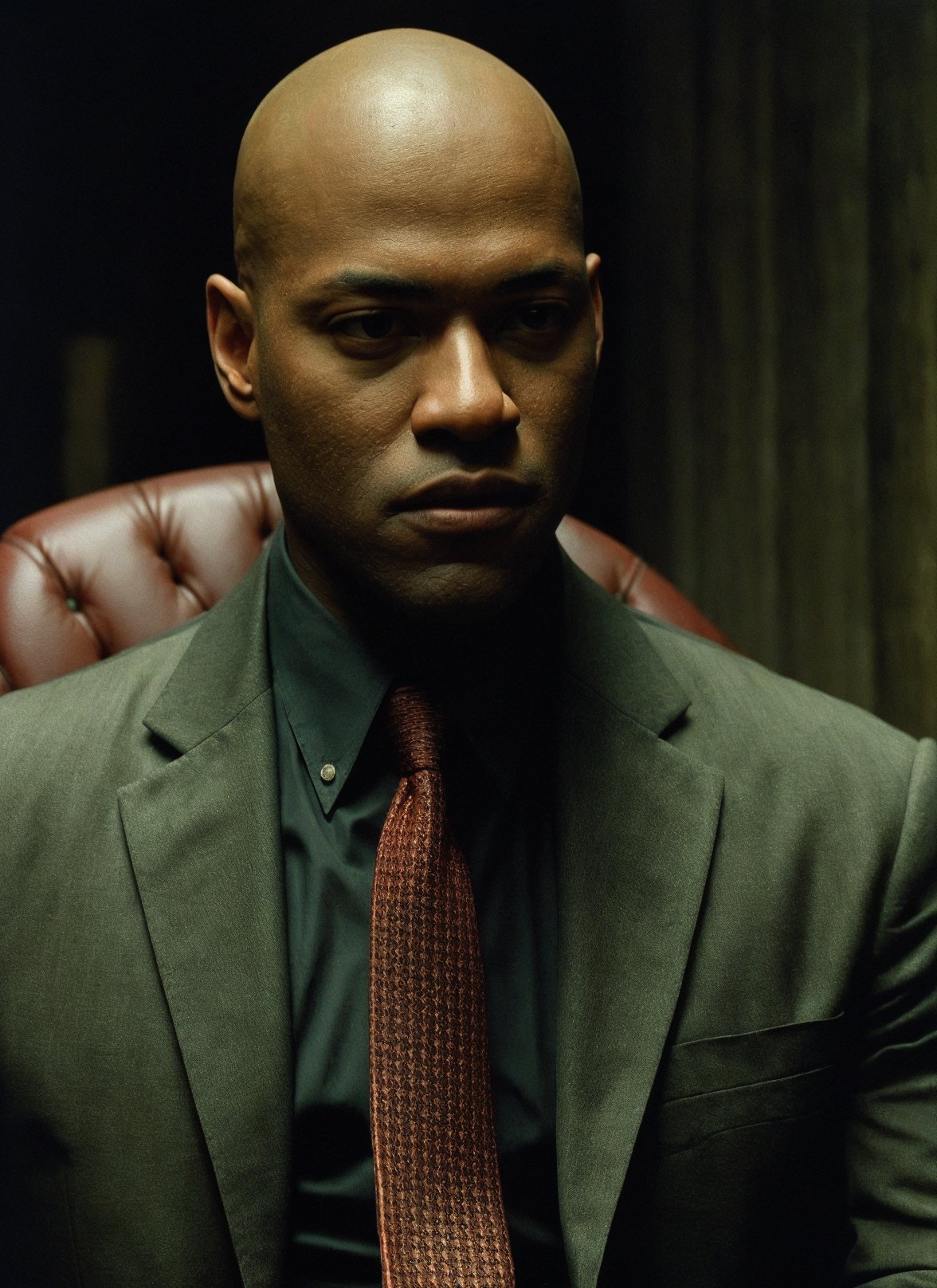 the matrix movie  <lora:the_matrix_movie_ar_offset:1>, (masterpiece), (extremely intricate:1.3), (realistic),  beautiful lighting, professional lighting, film grain,portrait of morpheus, male focus, solo, realistic, bald, looking at viewer, green eyes, blurry, dark skin, formal, shirt, closed mouth, necktie, red chair