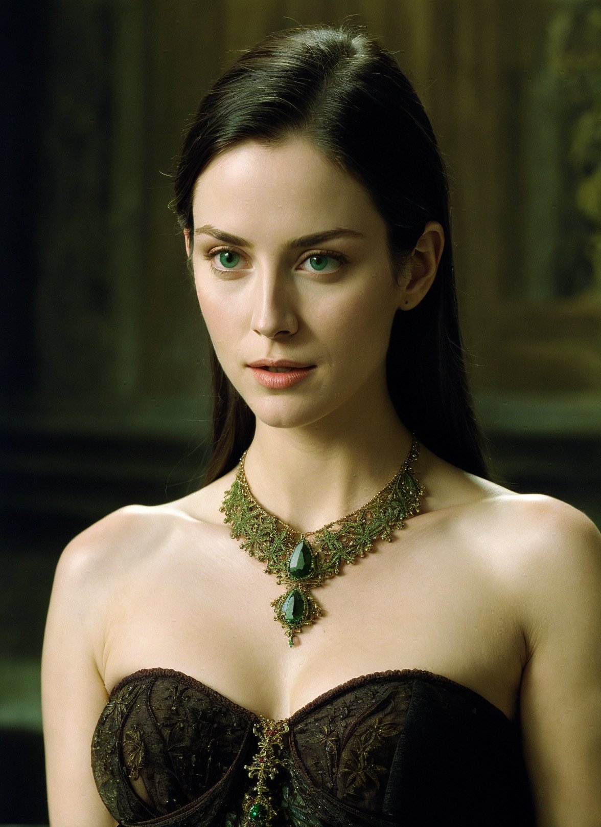 the matrix movie  <lora:the_matrix_movie_ar_offset:1>, (masterpiece), (extremely intricate:1.3), (realistic), portrait of a female, necklace, jewelry, long hair, 1boy, lips, solo focus, blurry, brown hair, realistic, blurry background, green eyes