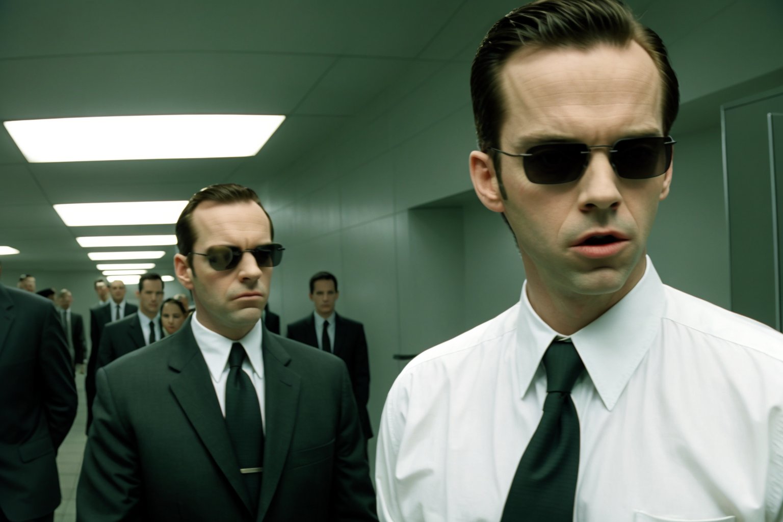 the matrix movie  <lora:the_matrix_movie_ar_offset:1>, masterpiece, realistic, best quality, beautiful lighting, professional lighting, film grain,agent smith, male focus, necktie, sunglasses, solo, formal, suit, realistic, black necktie, black hair, shirt, collared shirt, blurry, white shirt