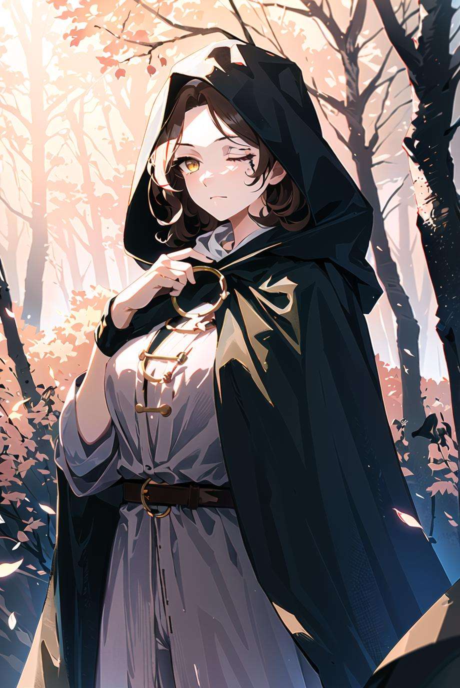 melina \(elden ring\), very detailed background, night, dark, wood, forest, trees,1girl, black cloak, (brown hair), cape, cloak, hood, hooded cape, hooded cloak, medium hair, one-eyed, one eye closed, scar, scar across eye, solo, yellow eyes, (pink hair:0.7), facial tattoo, :|,, ((masterpiece))<lora:melina:0.65>