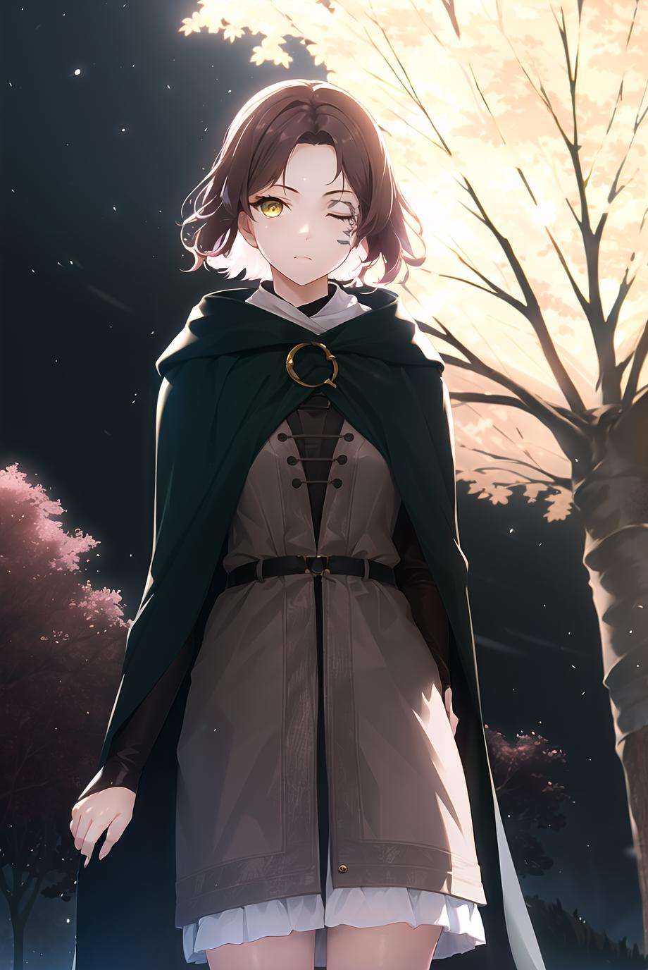melina \(elden ring\), detailed background, ((night)), dark, erdtree in the distance, 1girl, black background, brown eyes, brown hair, cloak, green cloak, long sleeves, looking at viewer, one eye closed, short hair, solo, standing, tree, solo, yellow eyes, (pink hair:0.7), facial tattoo, expressionless, :|, tottoo on eye, eye scar, ((masterpiece))<lora:melina:0.9>