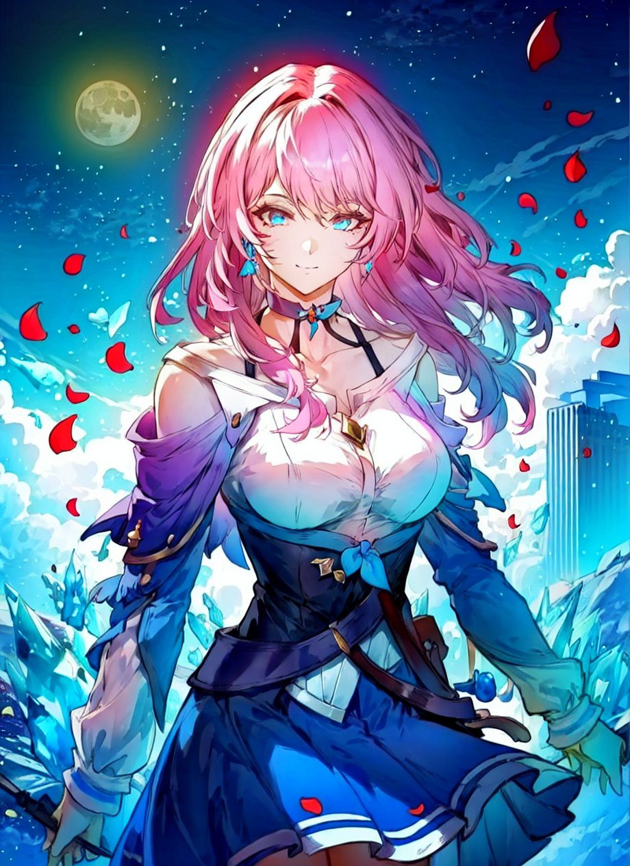 march 7th \(honkai: star rail\), 1girl, blue eyes, blue skirt, breasts, detached sleeves, earrings, ice, jewelry, long sleeves, medium breasts, medium hair, pink hair, shirt, skirt, solo, star \(symbol\), star earrings, white shirt <lora:march_7th__honkai _star_rail__offset:0.9>masterpiece, best quality, 1girl, (colorful),(finely detailed beautiful eyes and detailed face),cinematic lighting,bust shot,extremely detailed CG unity 8k wallpaper,white hair,solo,smile,intricate skirt,((flying petal)),(Flowery meadow) sky, cloudy_sky, building, moonlight, moon, night, (dark theme:1.3), light, fantasy,
