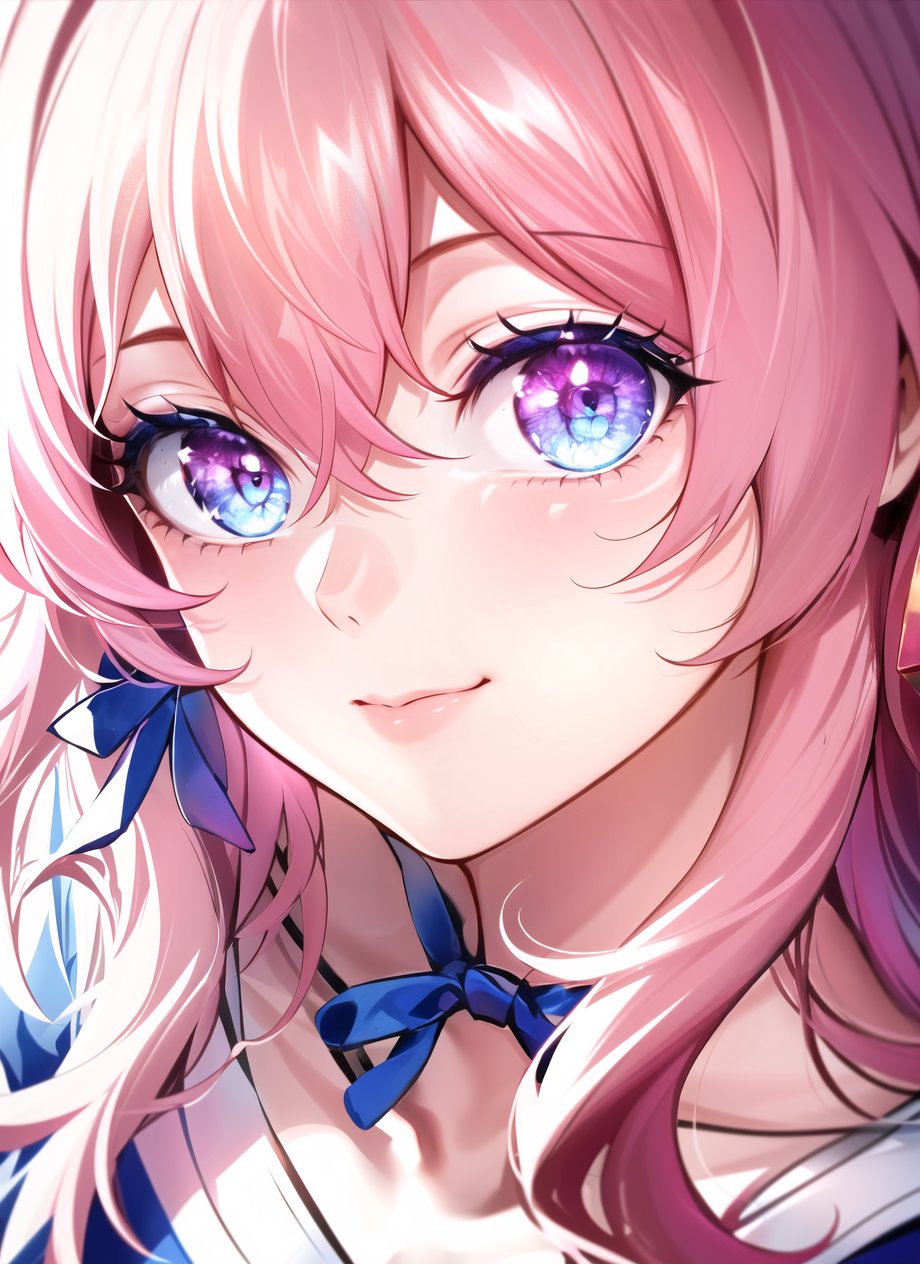 <lora:march_7th__honkai _star_rail__offset:1> march 7th \(honkai: star rail\), 1girl, blue eyes, blue ribbon, close-up, closed mouth, crossed bangs, crystal eye, eye focus, eyelashes, hair between eyes, hair ribbon, looking at viewer, multicolored eyes, pink eyes, pink hair, ribbon, short hair, smile, solo, ((masterpiece))