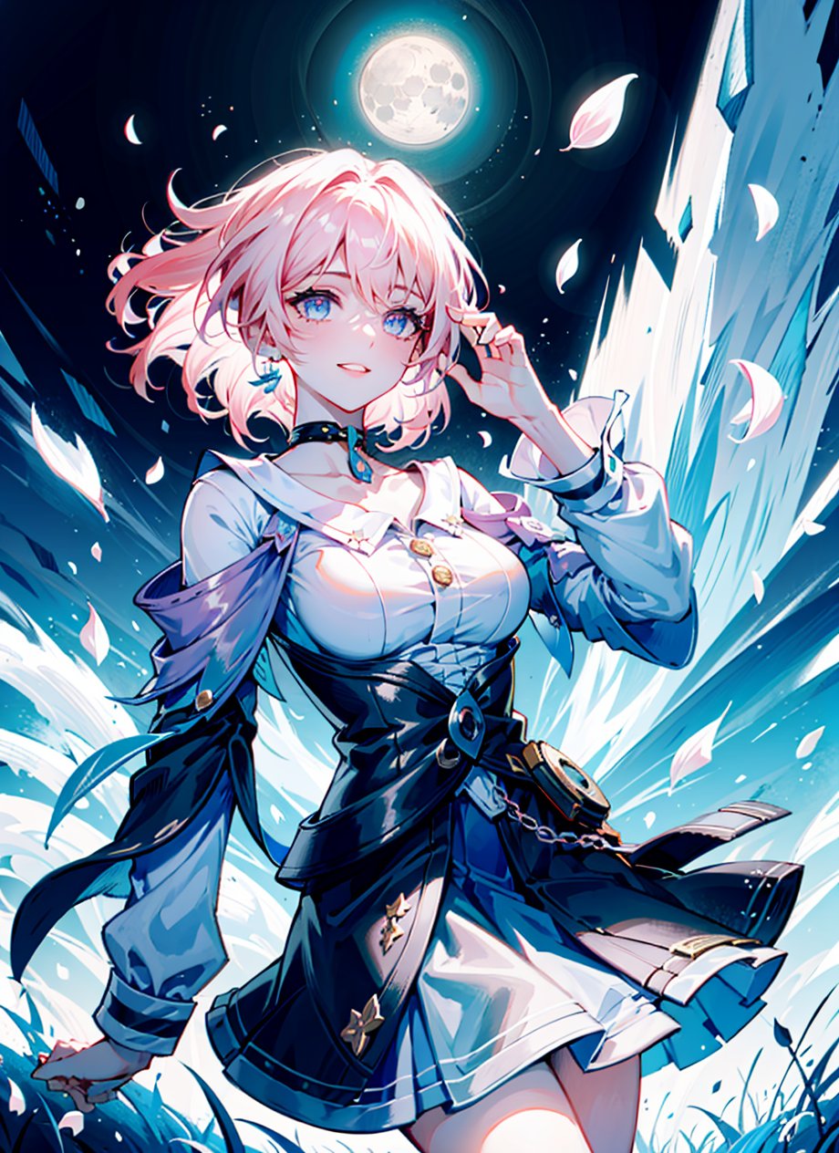 march 7th \(honkai: star rail\), 1girl, blue eyes, blue skirt, breasts, detached sleeves, earrings, ice, jewelry, long sleeves, medium breasts, medium hair, pink hair, shirt, skirt, solo, star \(symbol\), star earrings, white shirt <lora:march_7th__honkai _star_rail__offset:0.9>masterpiece, best quality, 1girl, (colorful),(finely detailed beautiful eyes and detailed face),cinematic lighting,bust shot,extremely detailed CG unity 8k wallpaper,white hair,solo,smile,intricate skirt,((flying petal)),(Flowery meadow) sky, cloudy_sky, building, moonlight, moon, night, (dark theme:1.3), light, fantasy,