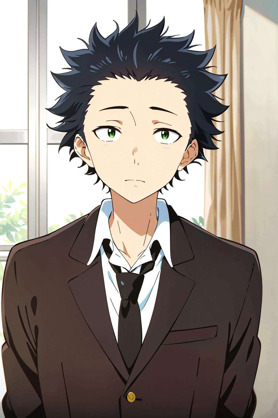 koe no katachi, 1boy, male focus, solo, black hair, looking at viewer, necktie, school uniform, indoors, letterboxed, window, anime coloring, parody, shirt, jacket, upper body, green eyes, collared shirt, spiked hair, blurry, brown jacket, closed mouth, fake screenshot, curtains, ((masterpiece))  <lora:koe_no_katachi_offset:1>