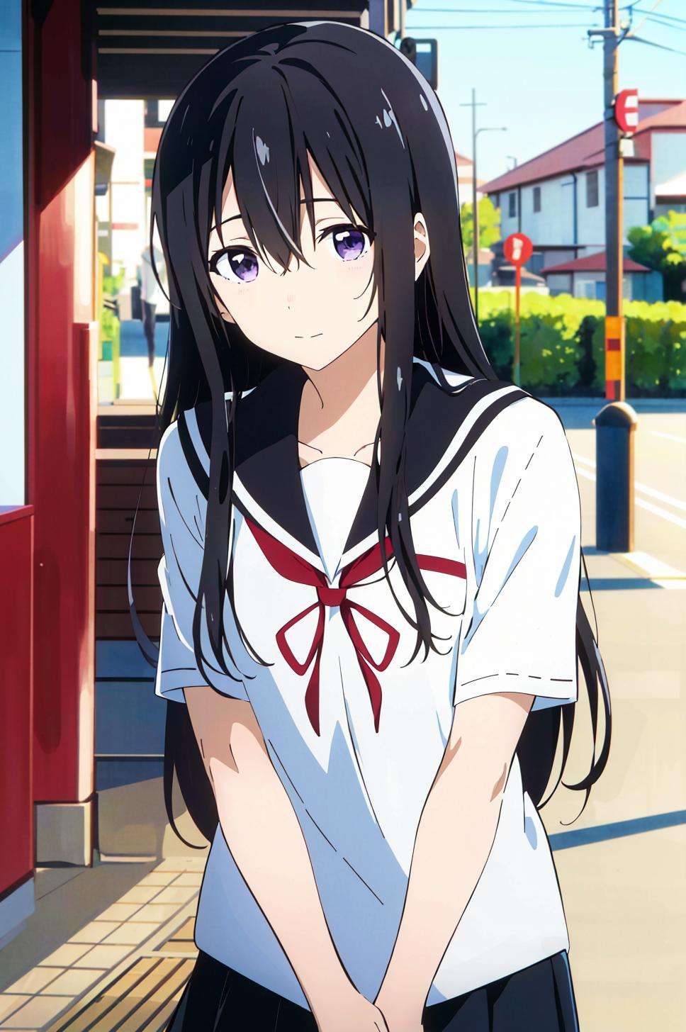 koe no katachi, 1girl, long hair, black hair, 1boy, school uniform, purple eyes, shirt, blurry, serafuku, sailor collar, letterboxed, outdoors, white shirt, closed mouth, kitauji high school uniform, looking at another, depth of field, bangs, day, collarbone, blurry background, white sailor collar, solo focus, ((masterpiece))  <lora:koe_no_katachi_offset:1>