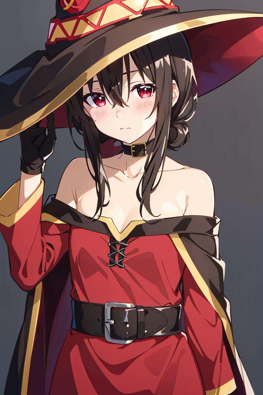 koe no katachi, megumin, 1girl, bare shoulders, black cape, black gloves, black hair, blush, cape, choker, collarbone, dress, hair between eyes, hat, long sleeves, looking at viewer, medium hair, off-shoulder dress, off shoulder, red dress, red eyes, sidelocks, solo, witch hat, ((masterpiece))   <lora:koe_no_katachi_offset:1>