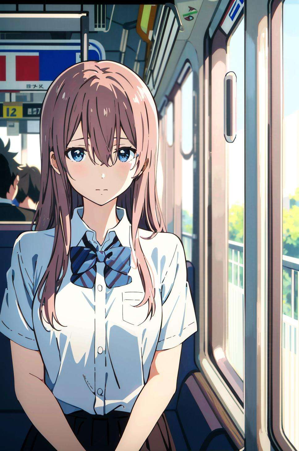 koe no katachi, shirt, 1girl, collared shirt, long hair, train interior, white shirt, bow, brown hair, short sleeves, letterboxed, bangs, solo, closed mouth, facing viewer, blurry, school uniform, blue bow, dress shirt, upper body, depth of field, hair between eyes, blurry background, bowtie, ground vehicle, indoors, ((masterpiece))  <lora:koe_no_katachi_offset:1>