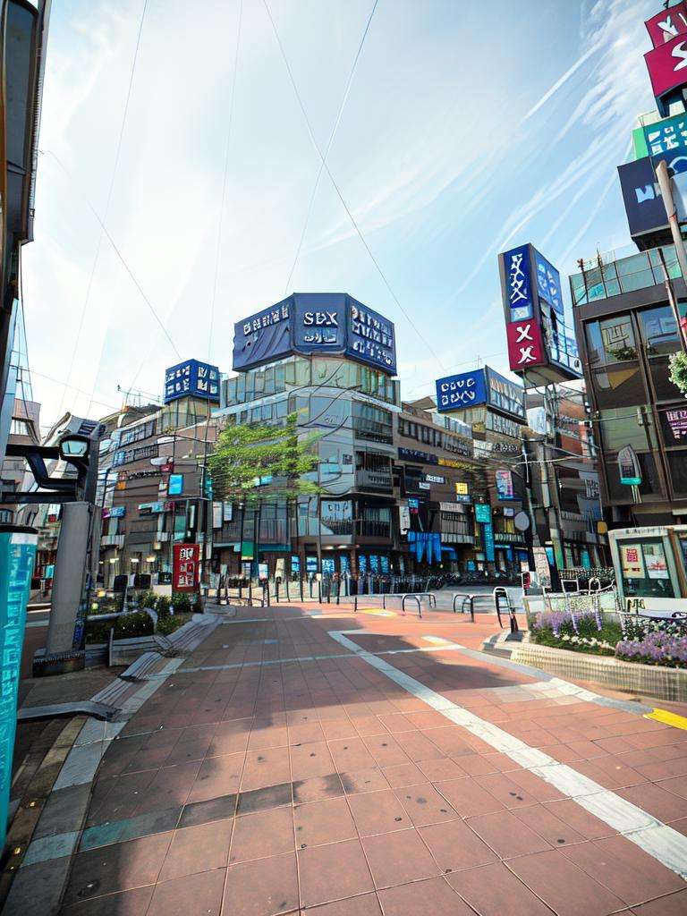 masterpiece, best quality, ultra-detailed, illustration,NishikitaKouen2, scenery, tree, outdoors, building, ground vehicle, road, sky, motor vehicle, day, street, car, power lines, utility pole, lamppost, road sign, city, sign, blue sky, japan, bicycle, crosswalk, real world location, <lora:NishikitaKouen:1>