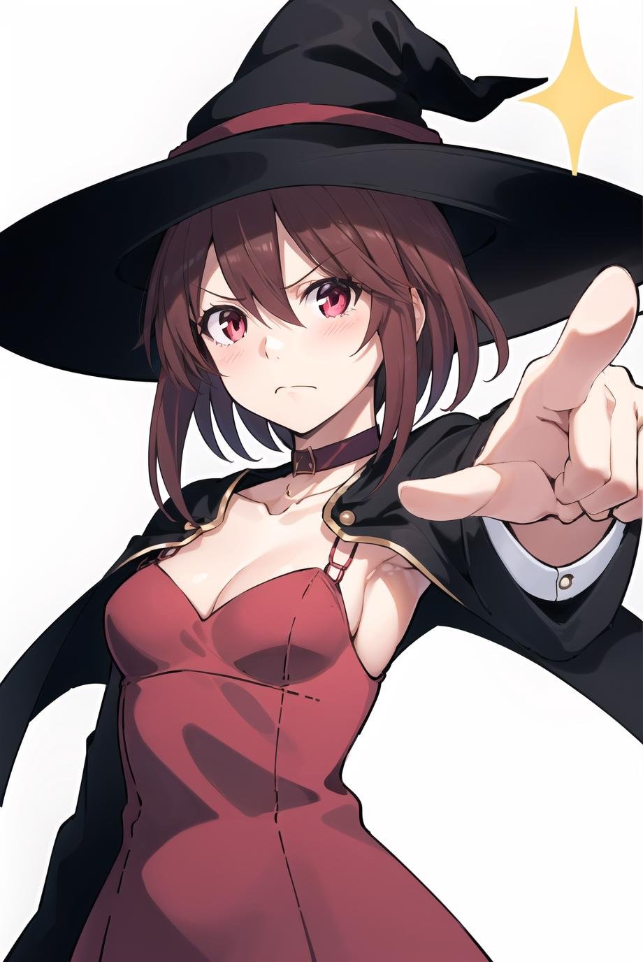 objection, ace attorney,1girl, bangs, black cape, black choker, blurry, blurry background, blush, breasts, brown hair, cape, choker, closed mouth, collarbone, dress, furrowed brow, hair between eyes, hat, light frown, long sleeves, looking afar, red dress, red eyes, short hair, short hair with long locks, small breasts, solo, sparkle, upper body, white background, witch hat, parody, pointing,<lora:objection:0.7>