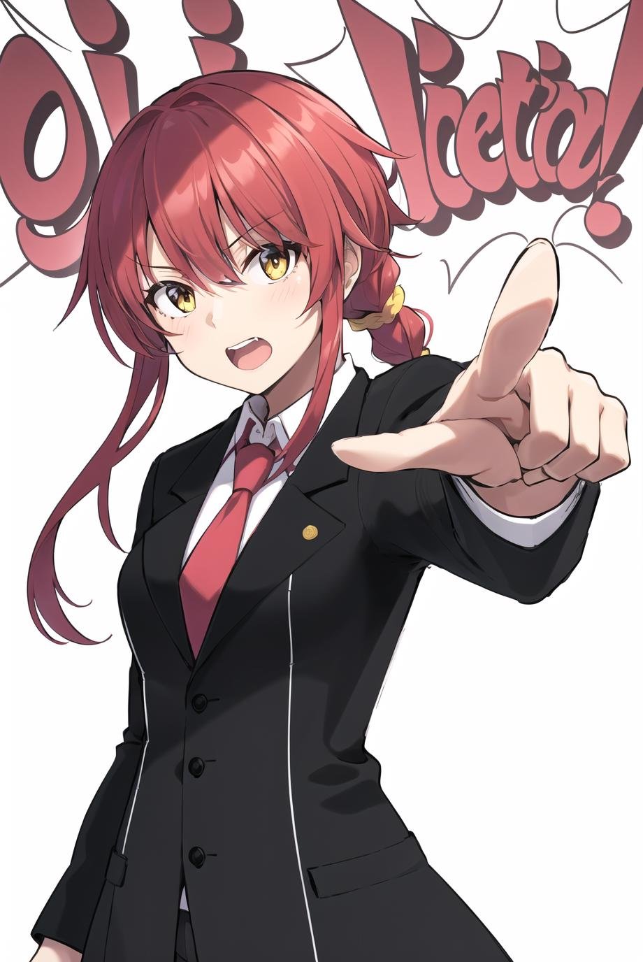 objection, ace attorney, parody, pointing, 1girl, bangs, black coat, black necktie, braid, braided ponytail, coat, collared shirt, formal, long hair, looking at viewer, necktie, open mouth, red hair, ringed eyes, shirt, sidelocks, sideways glance, solo, suit, white shirt, yellow eyes<lora:objection:0.7>