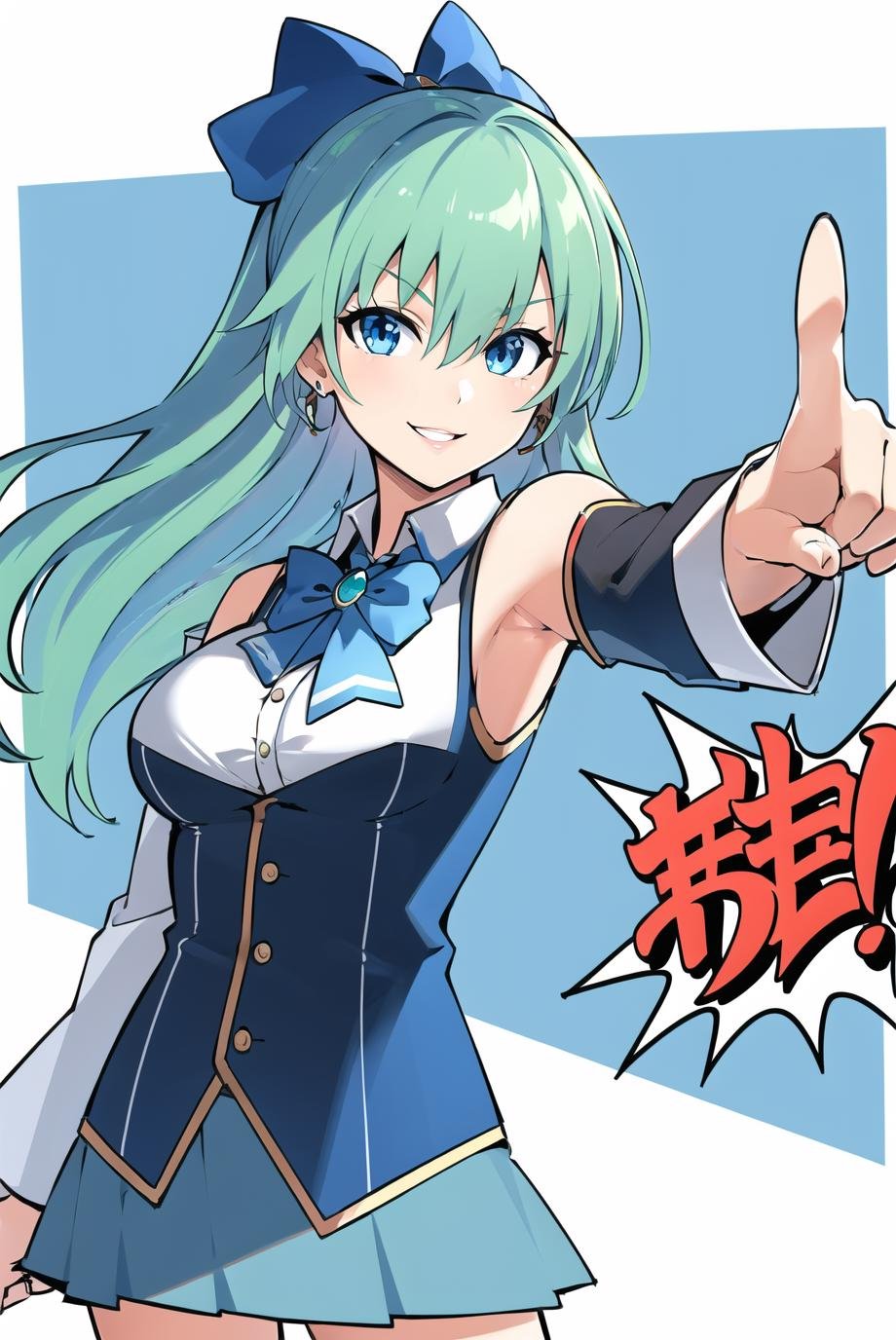 objection, ace attorney, 1girl, armpits, blue eyes, blue hair, blue skirt, blue vest, bow, bowtie, breasts, brooch, detached sleeves, green bow, green bowtie, jewelry, looking at viewer, medium breasts, miniskirt, parted lips, pleated skirt, single hair ring, skirt, smile, solo, vest, parody, pointing, <lora:objection:0.7>