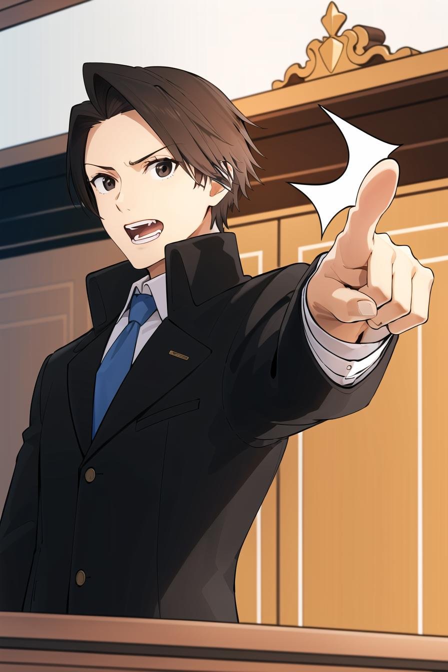objection, ace attorney,1boy, black eyes, blue necktie, brown hair, courtroom, cropped jacket, jacket, necktie, open jacket, open mouth, pointing,<lora:objection:0.7>