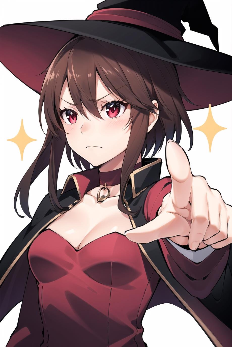 objection, ace attorney,1girl, bangs, black cape, black choker, blurry, blurry background, blush, breasts, brown hair, cape, choker, closed mouth, collarbone, dress, furrowed brow, hair between eyes, hat, light frown, long sleeves, looking afar, red dress, red eyes, short hair, short hair with long locks, small breasts, solo, sparkle, upper body, white background, witch hat, parody, pointing,<lora:objection:0.7>