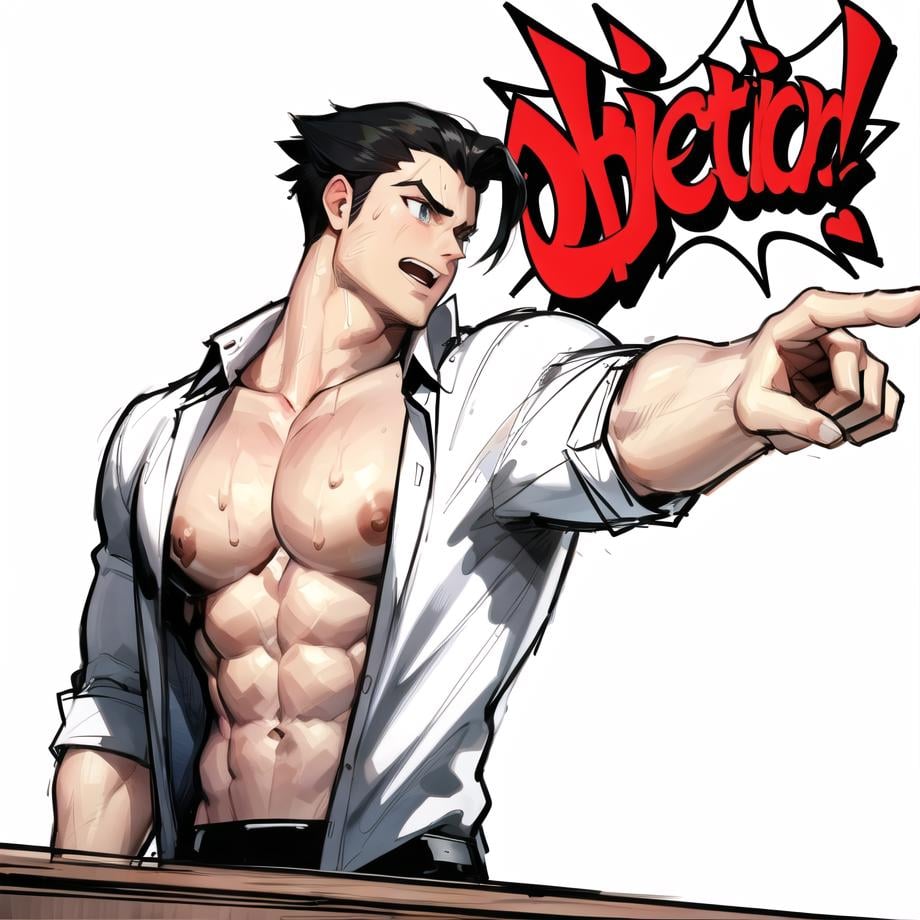 objection, ace attorney, 1boy, abs, alternate muscle size, alternate pectoral size, bara, bare pectorals, black hair, collared shirt, hair slicked back, large pectorals, male focus, muscular, muscular male, nipples, objection, open clothes, open shirt, pectorals, pointing, pointing to the side, shirt, short hair, sideburns, solo, sweat, unfinished, upper body, white background<lora:objection:0.7>