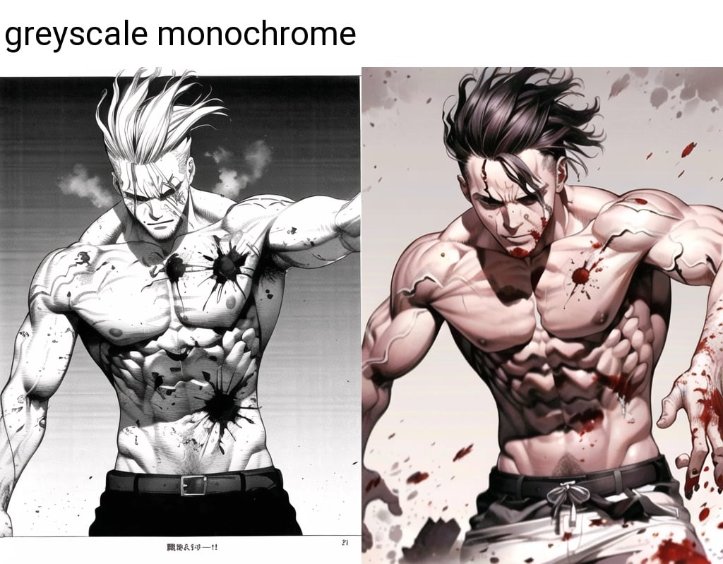 boichi manga style, greyscale monochrome, male focus, 1boy, blood, topless male, solo, blood on face, motion blur, hatching \(texture\), injury, veins, scar, ((masterpiece)) <lora:boichi_manga_style_offset:1>