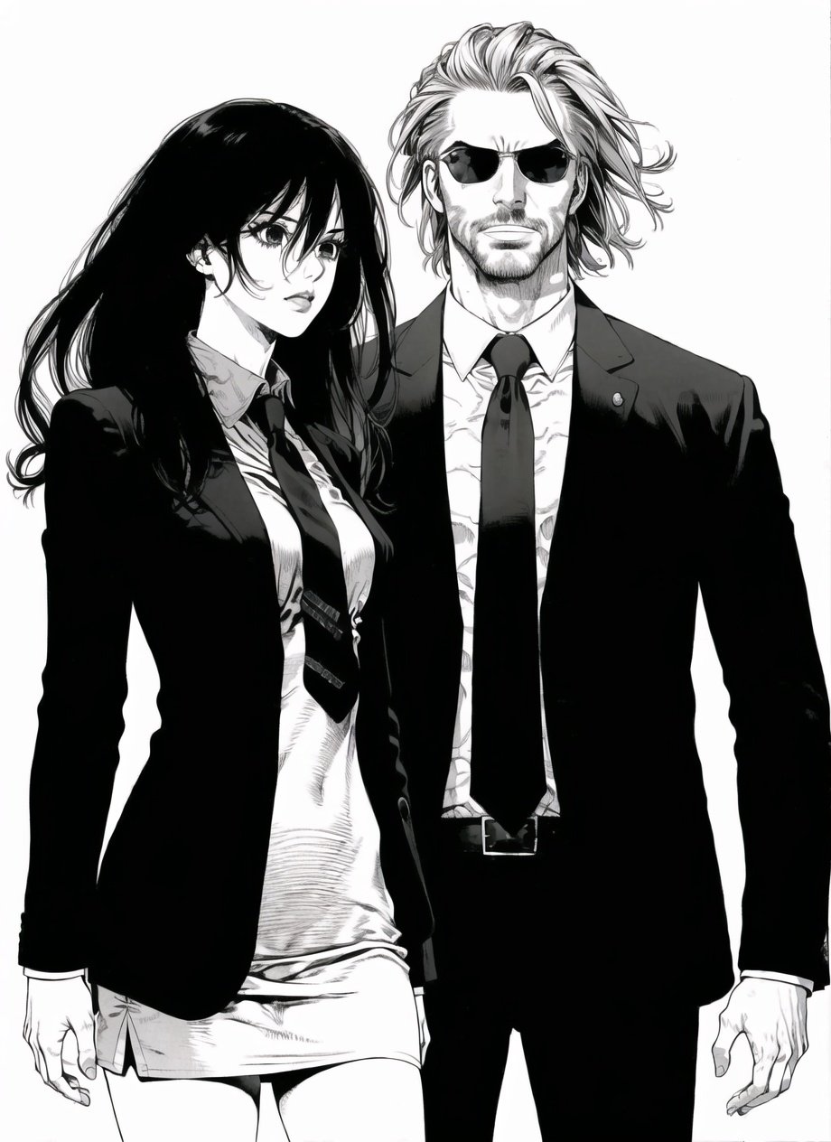 boichi manga style, 1girl, greyscale, monochrome, 1boy, suit, formal, facial hair, skirt, necktie, manly, dress, ((masterpiece)) <lora:boichi_manga_style_offset:1>