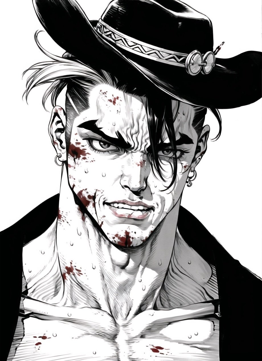boichi manga style,  1boy, monochrome, greyscale, male focus, solo, earrings, jewelry, blood, blood on face, looking at viewer, portrait, thick eyebrows, collarbone, sweat, hatching \(texture\), teeth, parted lips, simple background, white background, manly, muscular, clenched teeth, ((masterpiece)) <lora:boichi_manga_style_offset:1>