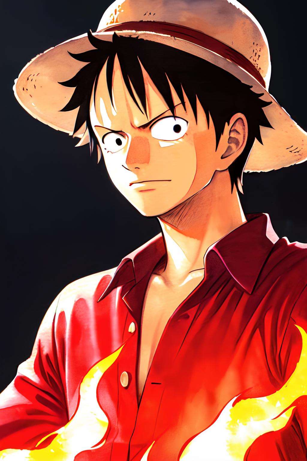 1boy, oda eiichirou, monkey d luffy, one piece, straw hat, looking at viewer, solo, upper_body, (((masterpiece))), ((best quality)), (extremely detailed), watercolor, illustration, depth of field, sketch, dark intense shadows, sharp focus, soft lighting, hdr, colorful, good composition, fire all around, spectacular, closed shirt<lora:oda_eiichirou:0.6>