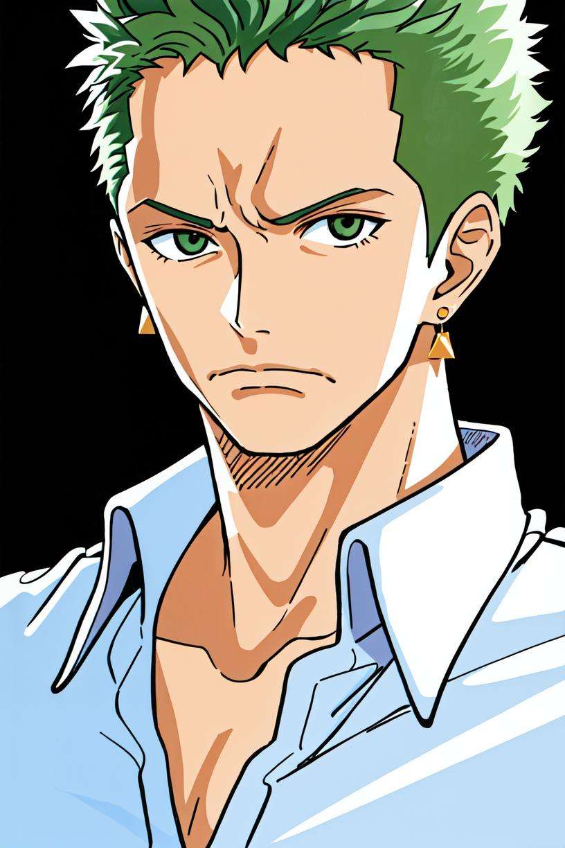 oda eiichirou, 1boy, earrings, frown, green hair, highres, jewelry, looking at viewer, male focus, official art, one piece, roronoa zoro, sandai kitetsu, shirt, simple background, solo, white background<lora:oda_eiichirou:0.5>