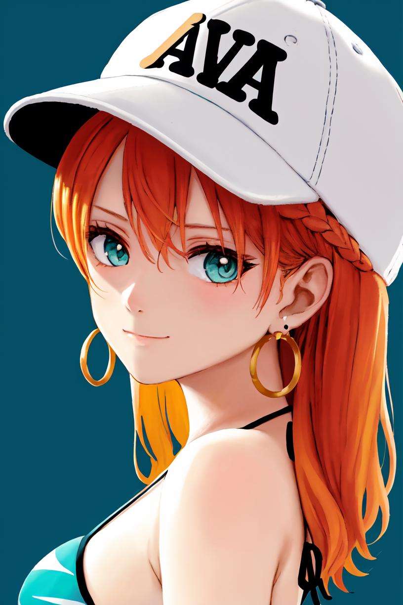 oda eiichirou, masterpiece, best quality, 1girl, aqua eyes, baseball cap, orange hair, closed mouth, earrings, green background, hat, looking at viewer, bikini, short hair, simple background, solo, upper body<lora:oda_eiichirou:0.6>