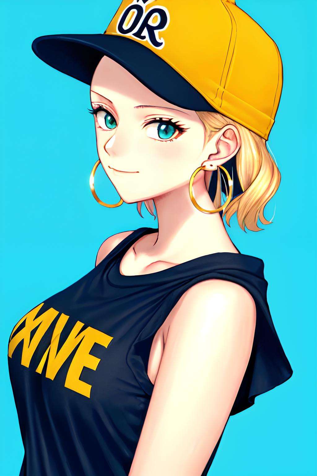 oda eiichirou, masterpiece, best quality, 1girl, aqua eyes, baseball cap, blonde hair, closed mouth, earrings, green background, hat, hoop earrings, jewelry, looking at viewer, shirt, short hair, simple background, solo, upper body, yellow shirt<lora:oda_eiichirou:0.6>